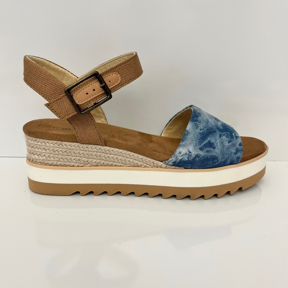 TOMS Diana Platform Wedge Sandal In Blue Washed Denim NEW
